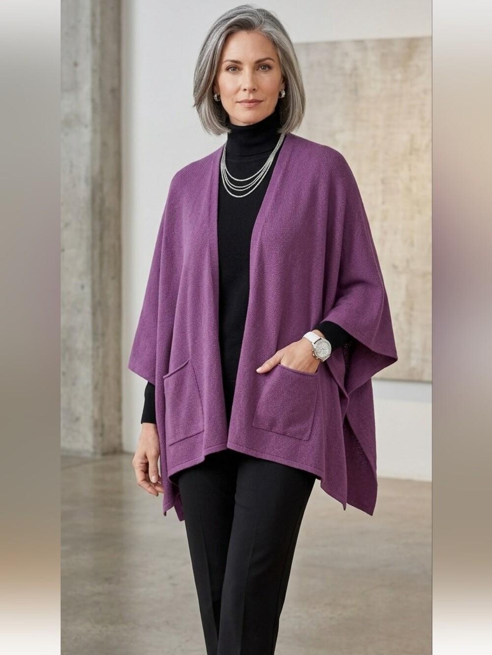Pure J Jill NWT One Size Poncho Cape Open Sides Pockets Purple Cozy Soft MSRP$69